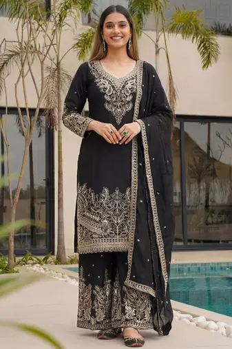 Black Embroidered Chinon Palazzo Suit