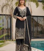 Black Embroidered Chinon Palazzo Suit