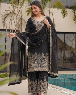 Black Embroidered Chinon Palazzo Suit 2