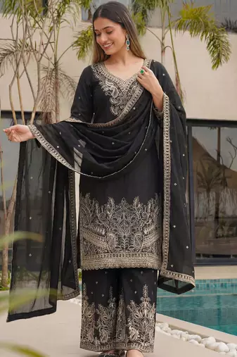 Black Embroidered Chinon Palazzo Suit