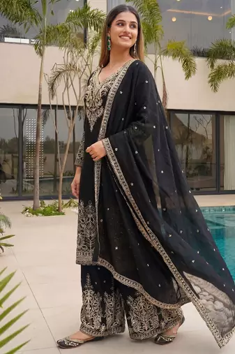 Black Embroidered Chinon Palazzo Suit