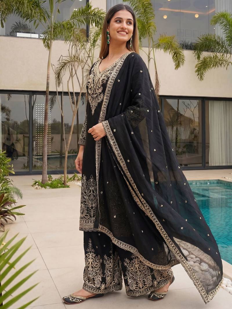 Black Embroidered Chinon Palazzo Suit