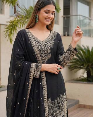 Black Embroidered Chinon Palazzo Suit 4