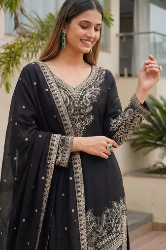 Black Embroidered Chinon Palazzo Suit