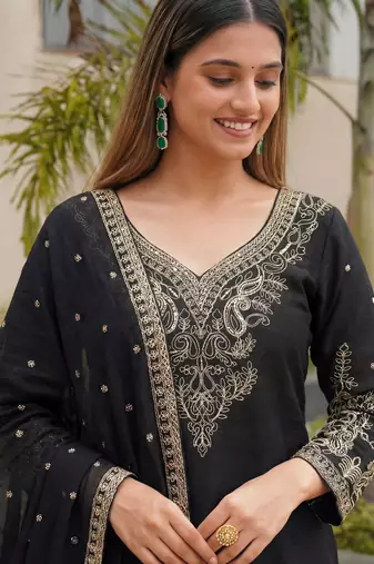 Black Embroidered Chinon Palazzo Suit