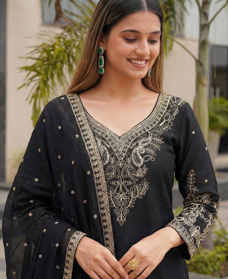 Black Embroidered Chinon Palazzo Suit