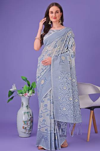 grey color linen cotton woven saree with blouse