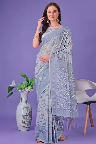 grey color linen cotton woven saree with blouse