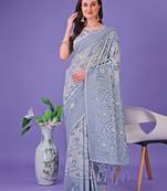 grey color linen cotton woven saree with blouse