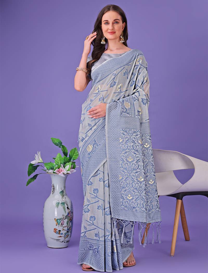 grey color linen cotton woven saree with blouse