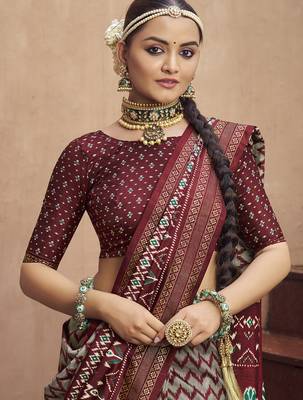 grey soft silk blend ikkat printed patola saree 2
