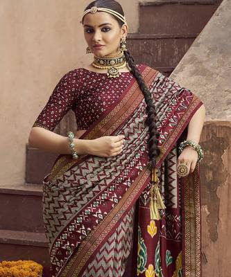 grey soft silk blend ikkat printed patola saree 3