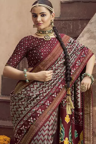 grey soft silk blend ikkat printed patola saree