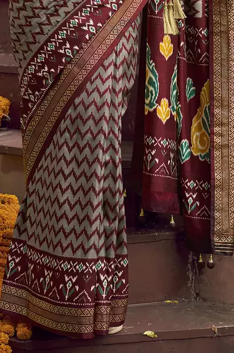 grey soft silk blend ikkat printed patola saree