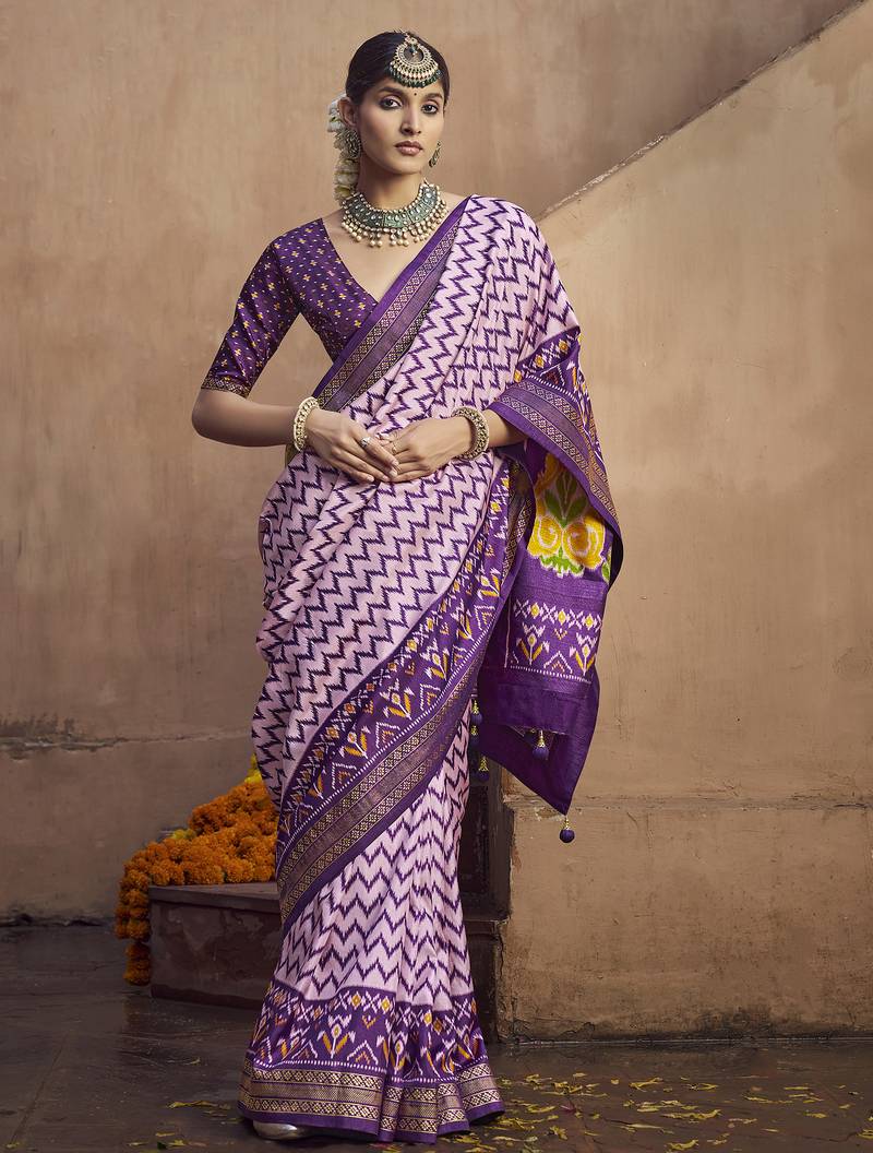 lavender soft silk blend ikkat printed patola saree