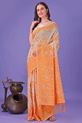 orange color linen cotton woven saree with blouse