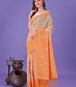 orange color linen cotton woven saree with blouse