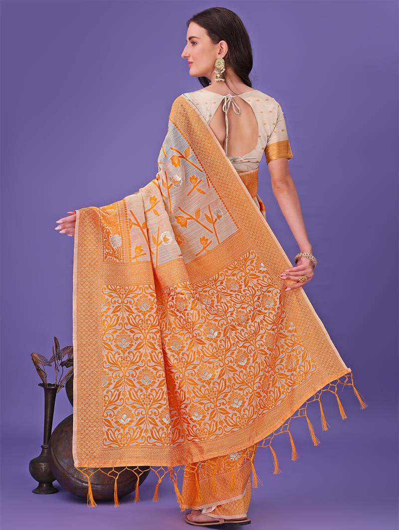 orange color linen cotton woven saree with blouse