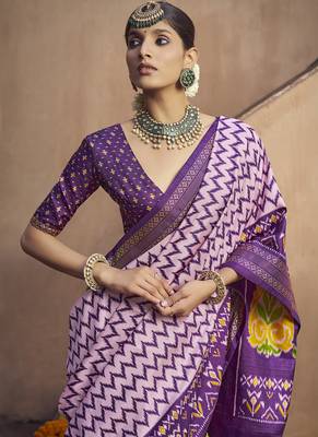 lavender soft silk blend ikkat printed patola saree 2
