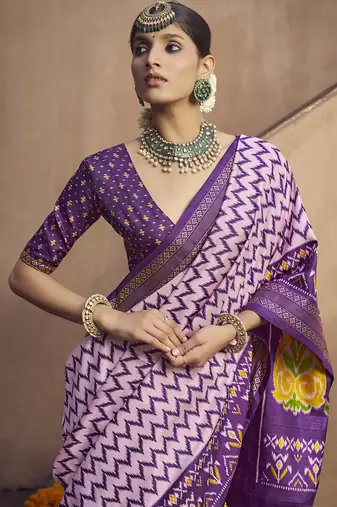 lavender soft silk blend ikkat printed patola saree