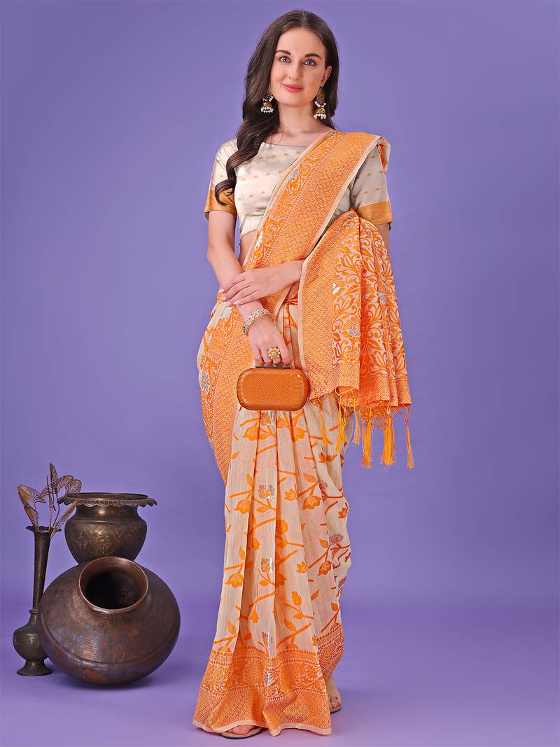 orange color linen cotton woven saree with blouse