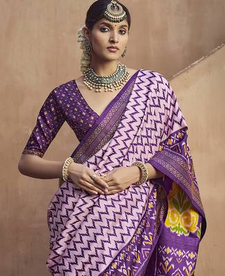 lavender soft silk blend ikkat printed patola saree 3
