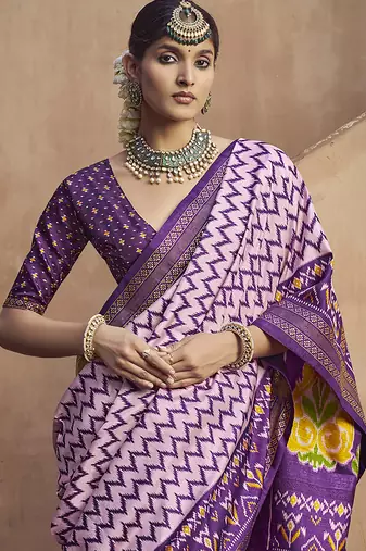 lavender soft silk blend ikkat printed patola saree