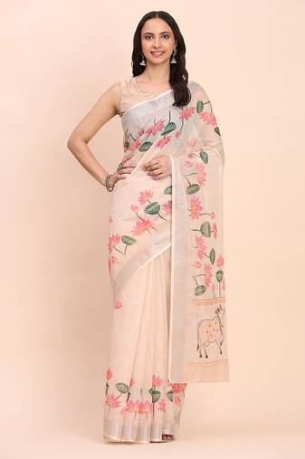 peach color digital print & zari border linen cotton saree
