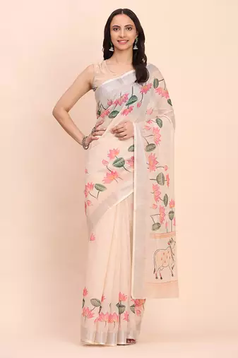 peach color digital print & zari border linen cotton saree