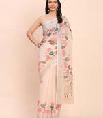 peach color digital print & zari border linen cotton saree