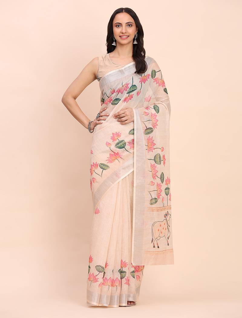 peach color digital print & zari border linen cotton saree