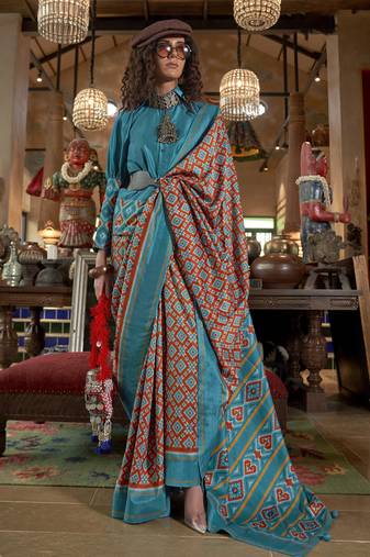 red soft silk blend ikkat printed patola saree