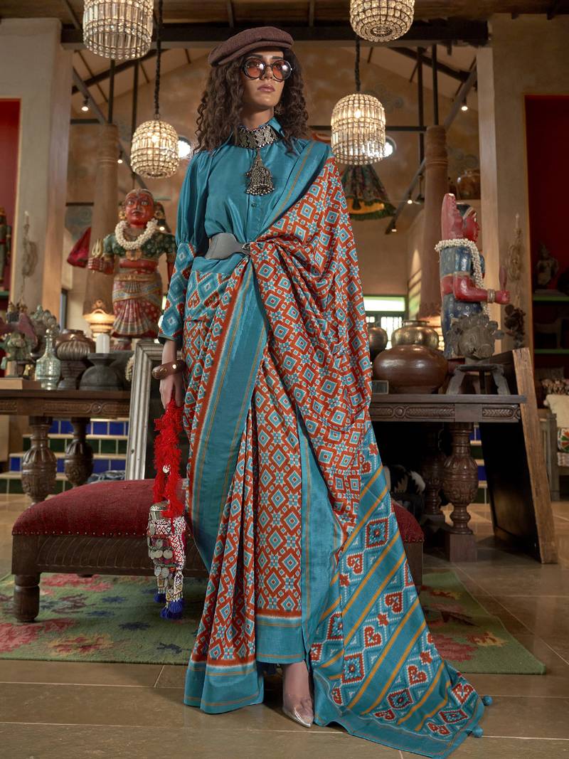 red soft silk blend ikkat printed patola saree