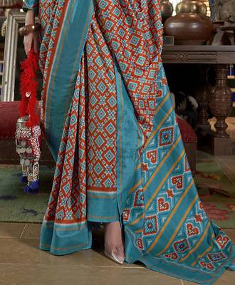 red soft silk blend ikkat printed patola saree 4