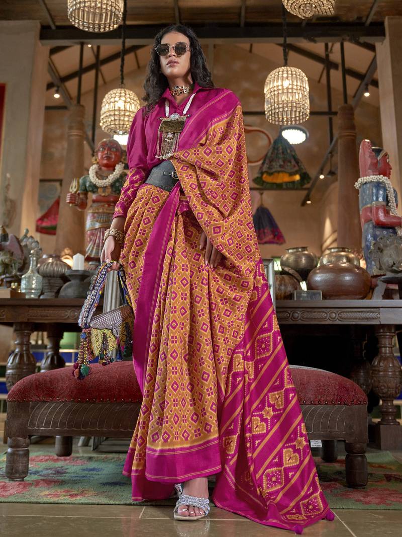 orange soft silk blend ikkat printed patola saree