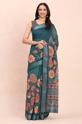 teal color digital print & zari border linen cotton saree