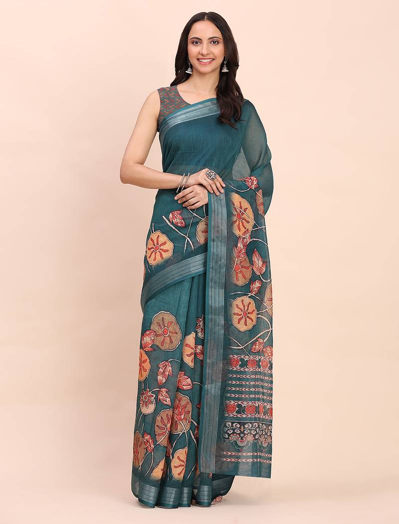 teal color digital print & zari border linen cotton saree