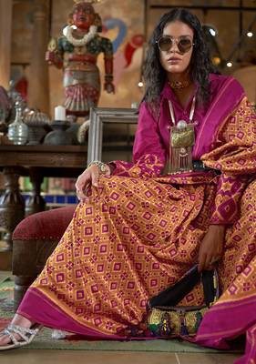 orange soft silk blend ikkat printed patola saree 2