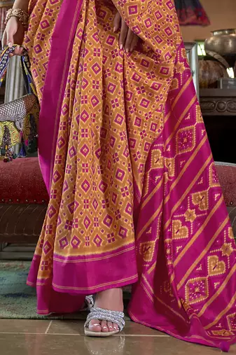 orange soft silk blend ikkat printed patola saree