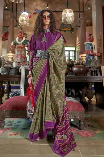 vibrant green soft silk blend ikkat printed patola saree