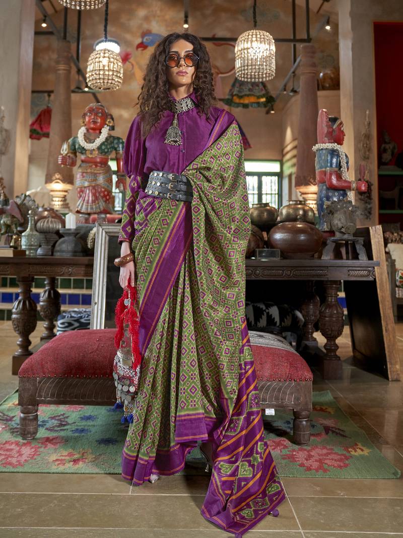 vibrant green soft silk blend ikkat printed patola saree