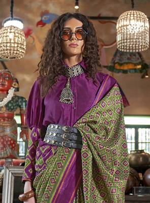 vibrant green soft silk blend ikkat printed patola saree 3
