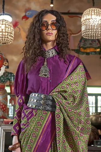 vibrant green soft silk blend ikkat printed patola saree