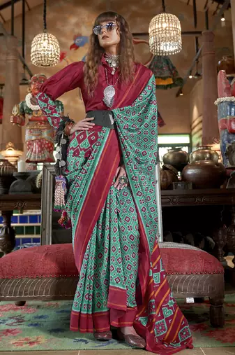 teal soft silk blend ikkat printed patola saree