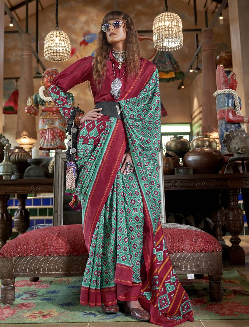 teal soft silk blend ikkat printed patola saree