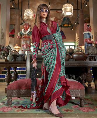 teal soft silk blend ikkat printed patola saree 2
