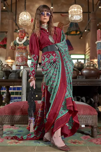teal soft silk blend ikkat printed patola saree