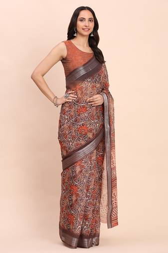 brown color digital print & zari border linen cotton saree