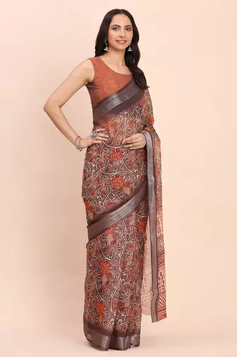 brown color digital print & zari border linen cotton saree