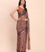 brown color digital print & zari border linen cotton saree